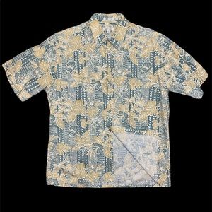 Pierre Cardin Hawaiian print, sz L, blue, white, and tan in color.